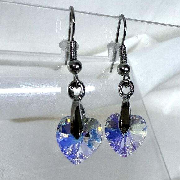 Heart Dangle Earrings Swarovski Crystal Aurora Borealis AB Jewelry - Picture 3 of 7